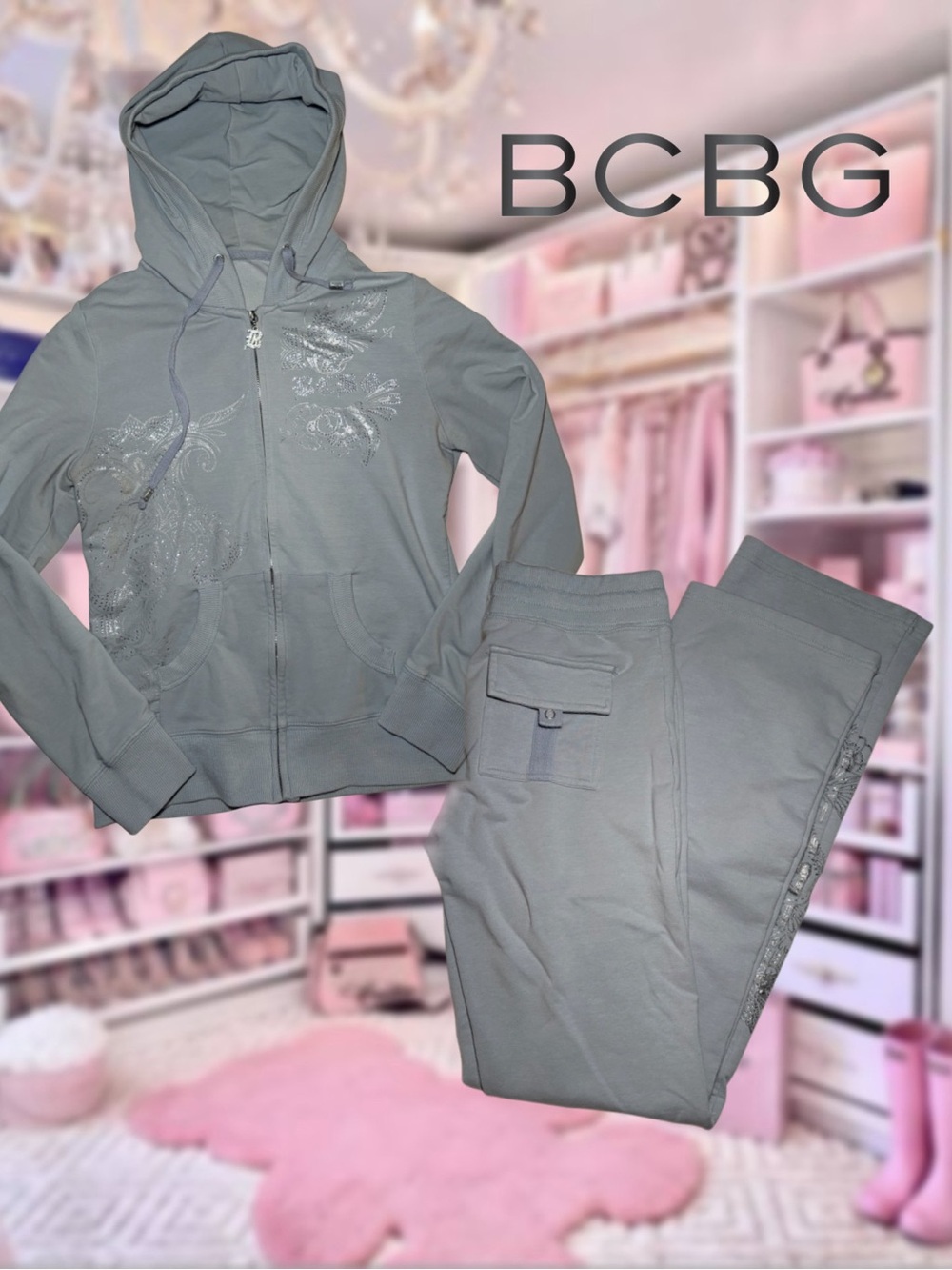 Y2K Style Rhinestone BCBG Blue Grey Hoodie & Cargo Jogger Set
